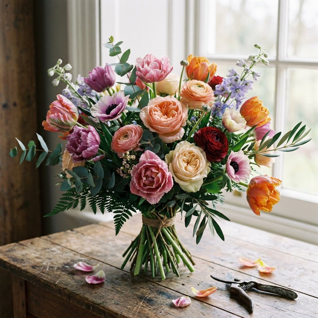 Handgebonden boeket met tulpen, rozen en groen op een rustieke ondergrond