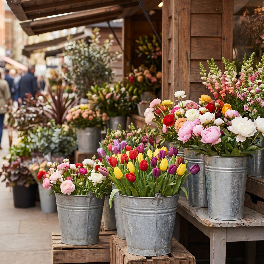 Zinken emmers vol kleurrijke verse bloemen bij een gezellige bloemenkiosk