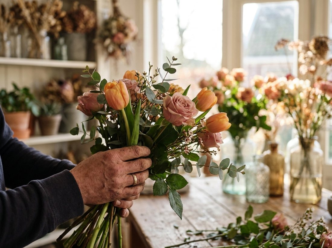 Handen die een vers boeket met tulpen, rozen en eucalyptus binden