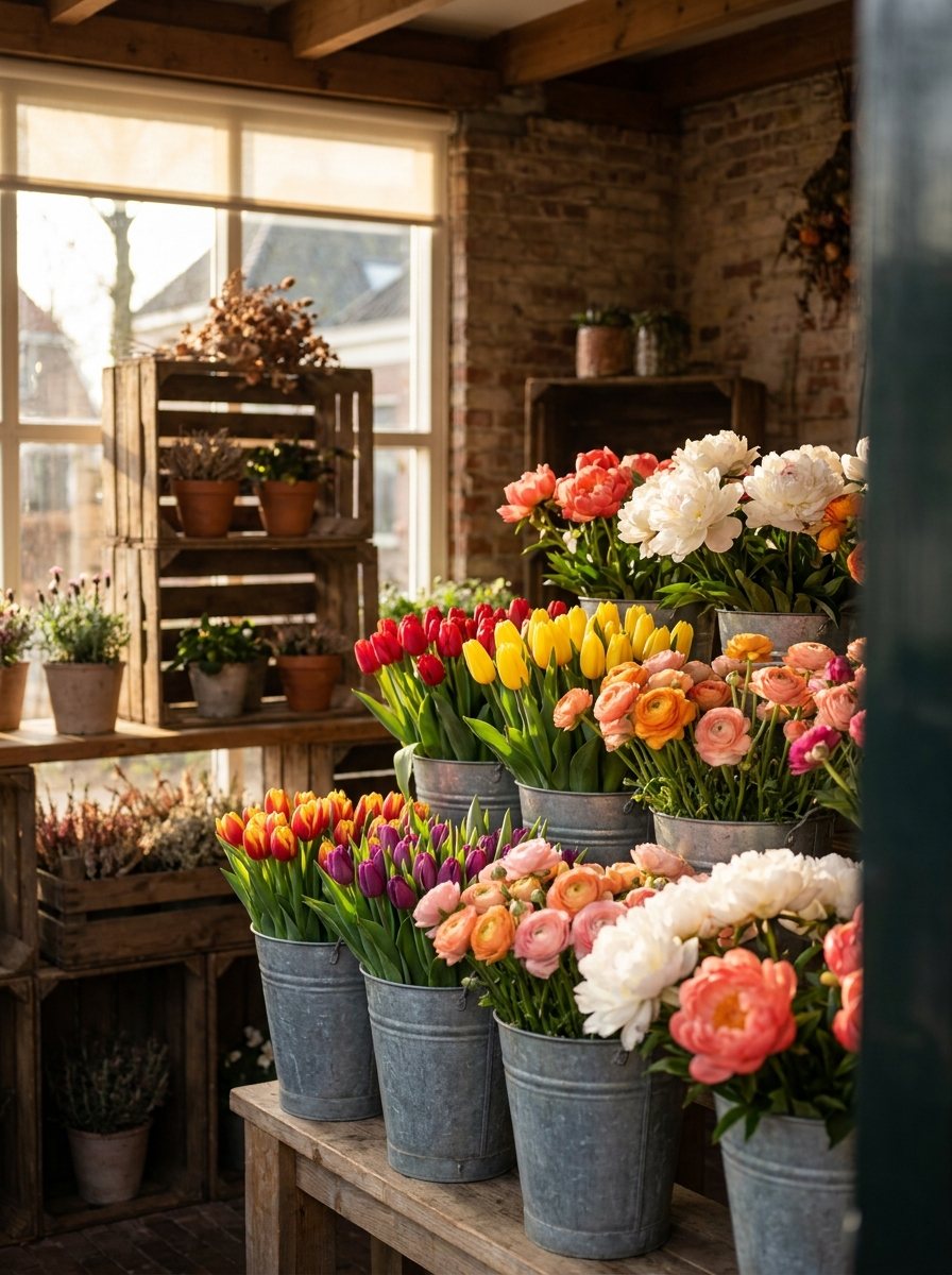 Zinken emmers vol verse tulpen, ranonkels en pioenrozen in een gezellige buurtbloemenwinkel