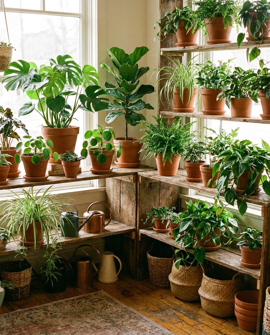 Gezonde groene kamerplanten in terracotta potten op houten schappen