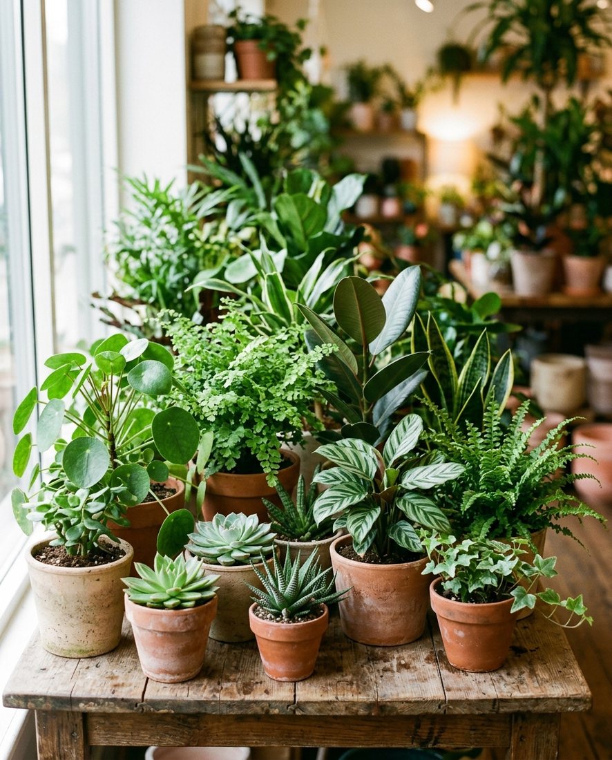 Gezonde groene kamerplanten in terracotta potten