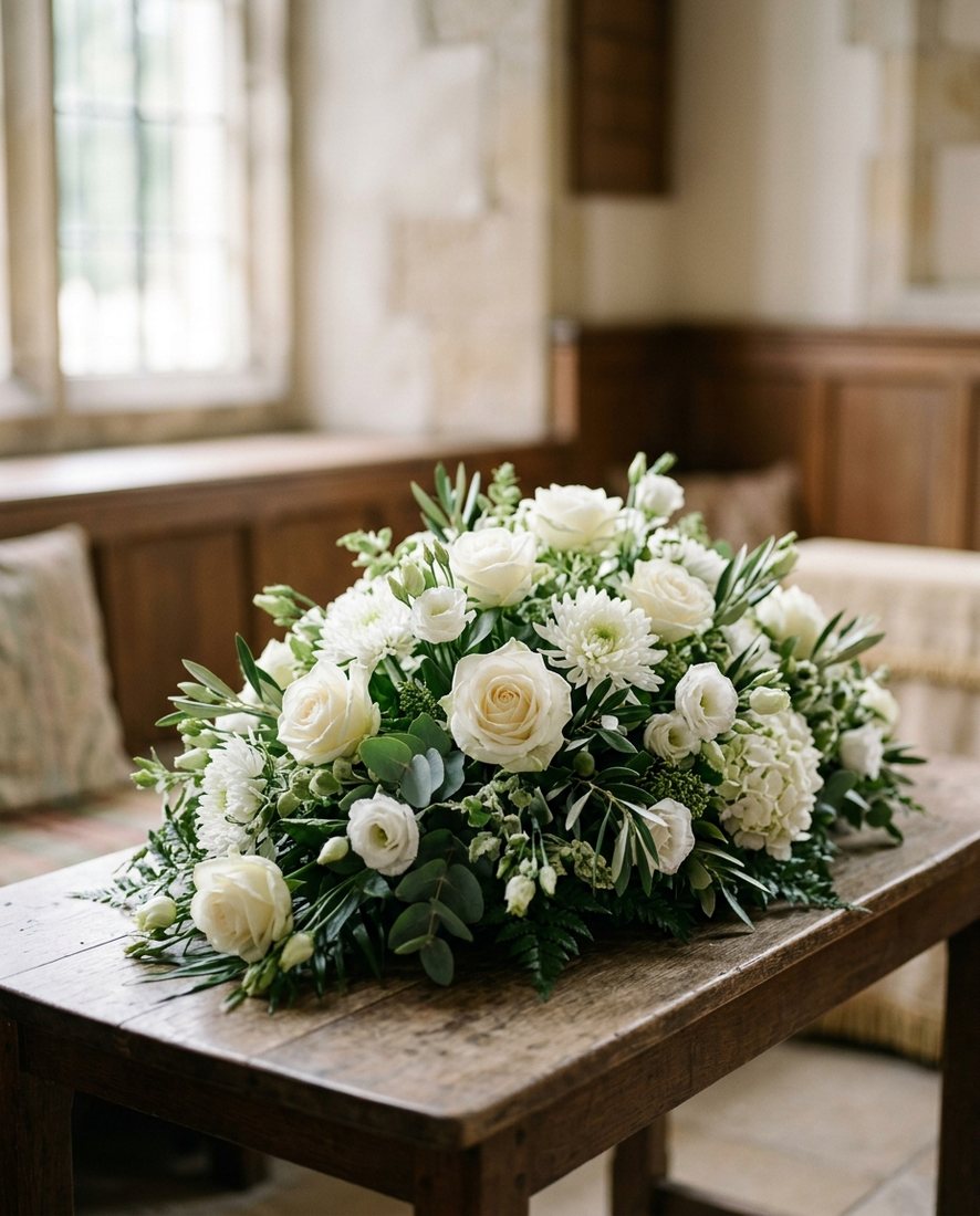 Rouwarrangement met witte rozen en chrysanten